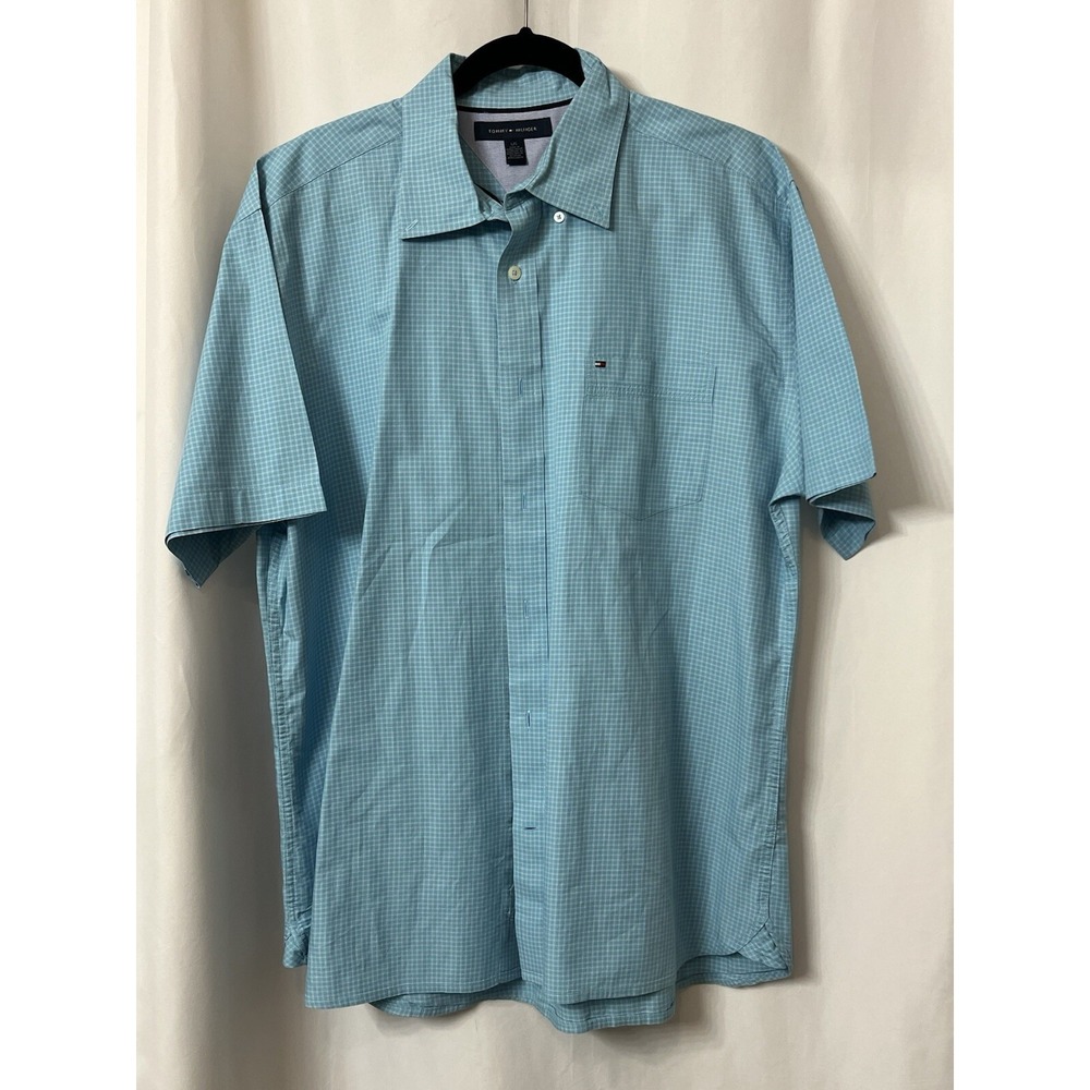 Mens‎ Tommy Hilfiger Short Sleeve Blue White Button Up Shirt Large Casual (B25)